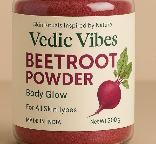 Jar of Vedic Vibes Beetroot Powder with a beige background