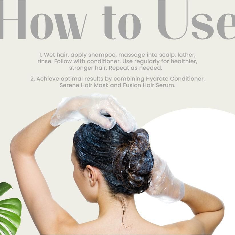 Person applying hair care product with text on how to use it