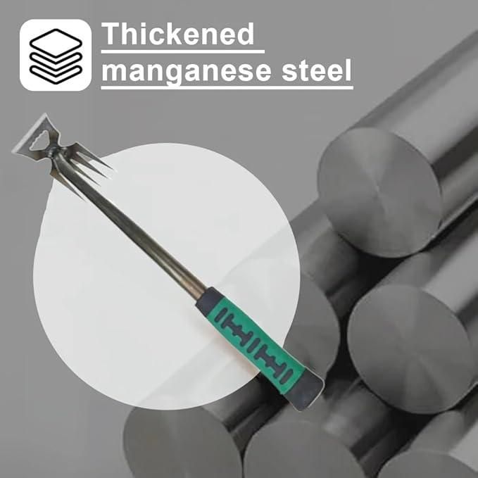 Tool with a green handle and metal rod labeled 'Thickened manganese steel' on a gray background