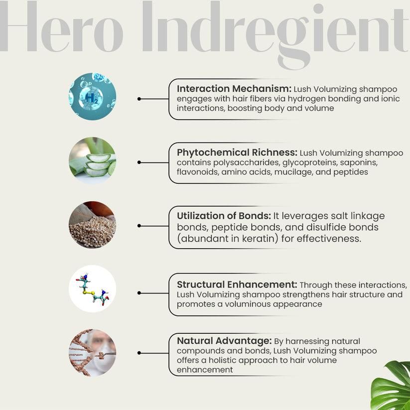Infographic detailing the interaction mechanism, phytochemical richness, utilization of bonds, structural enhancement, and natural advantage of Lush Volumizing shampoo.