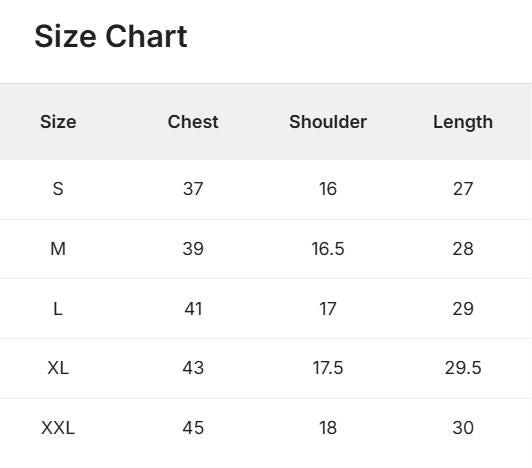 Size chart for clothing with chest, shoulder, and length measurements.