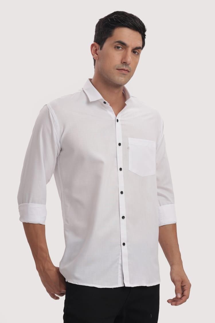 Man wearing a white button-up shirt on a white background