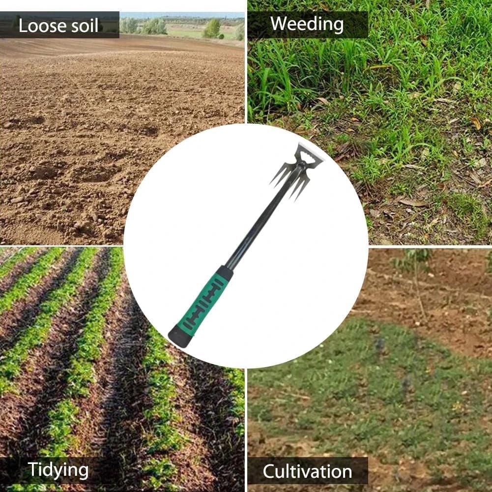 Gardening tool with labels for different gardening tasks including loose soil, weeding, tidying, and cultivation.
