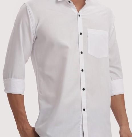 White button-up shirt with rolled-up sleeves on a plain background