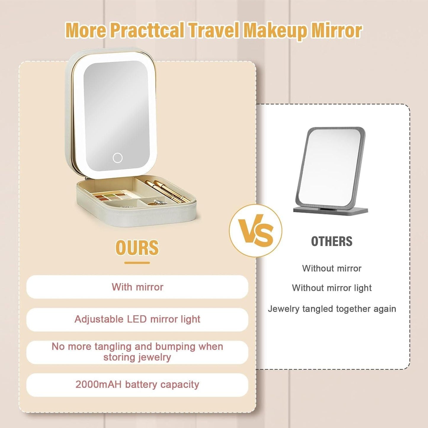 Travel makeup mirror with LED light and storage case, compared to others without mirror and light.