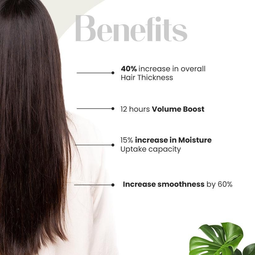Text detailing hair product benefits with a blurred image of hair on the left.