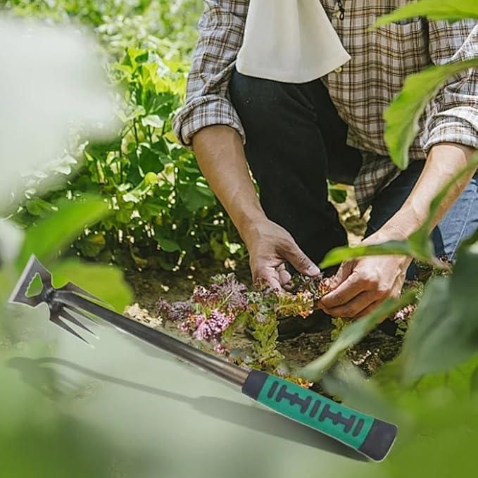 Person gardening with a tool in a lush green garden