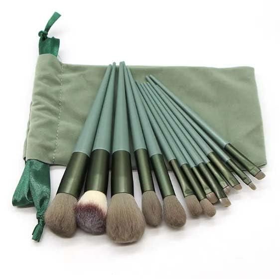 Set of green makeup brushes with a matching pouch on a white background
