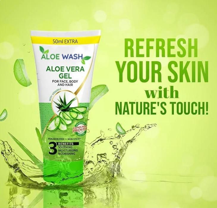 Aloe vera gel tube with a splash of water and text on a green background
