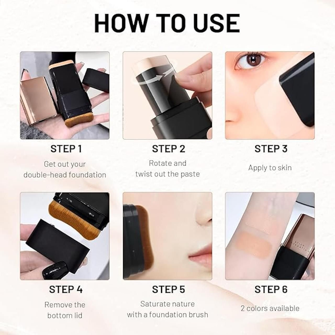 Step-by-step guide on how to use a double-head foundation stick with images and text.