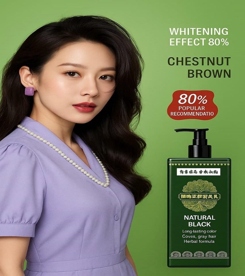 Woman with chestnut brown hair next to a green hair product bottle on a green background