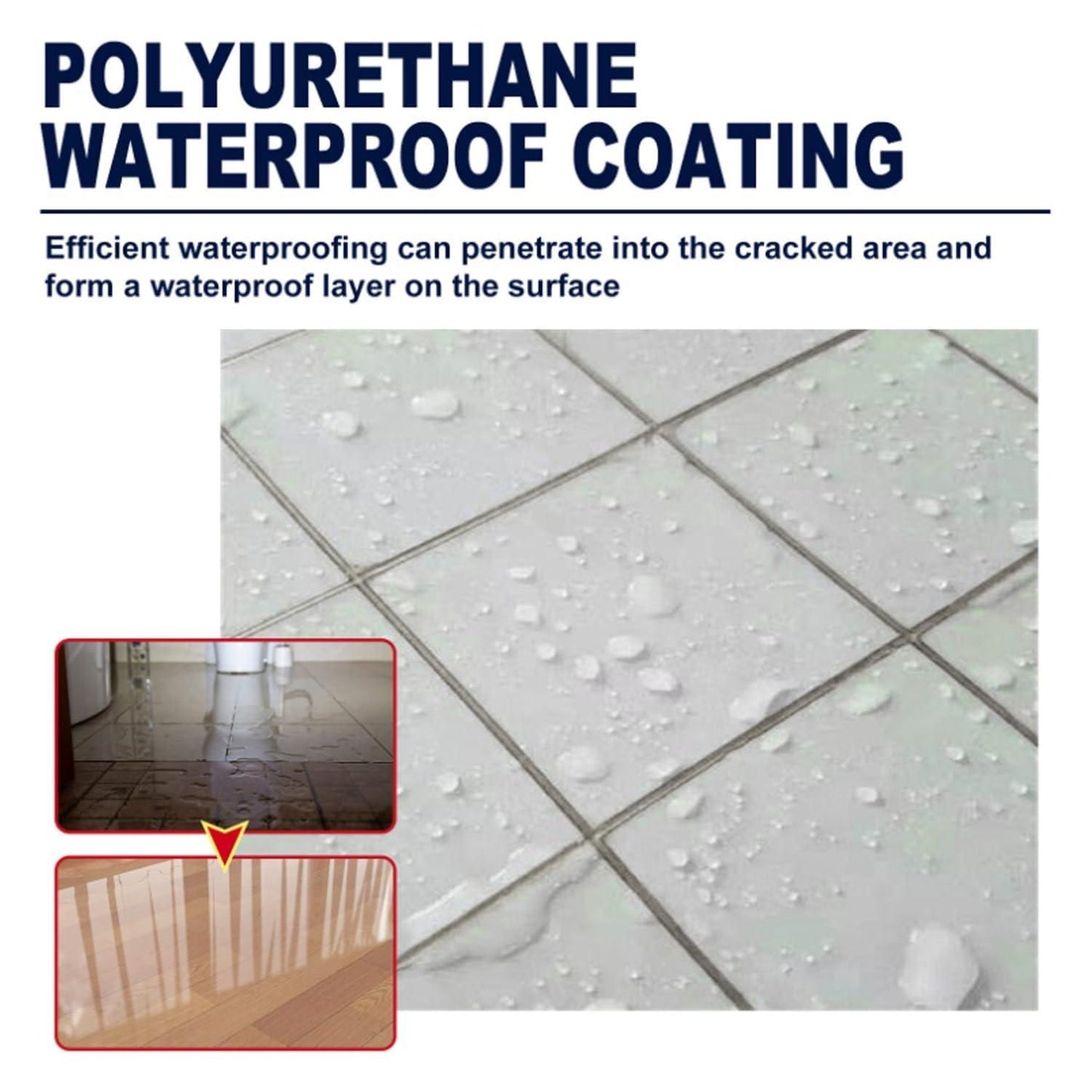 Advertisement for polyurethane waterproof coating on a tiled floor with text explaining its effectiveness.