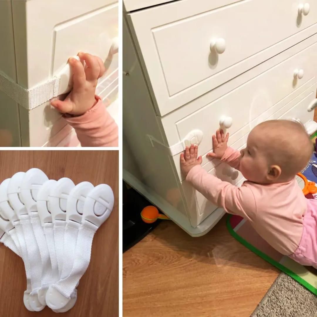 Baby safety gate installation and a baby playing with a toy on a wooden floor.