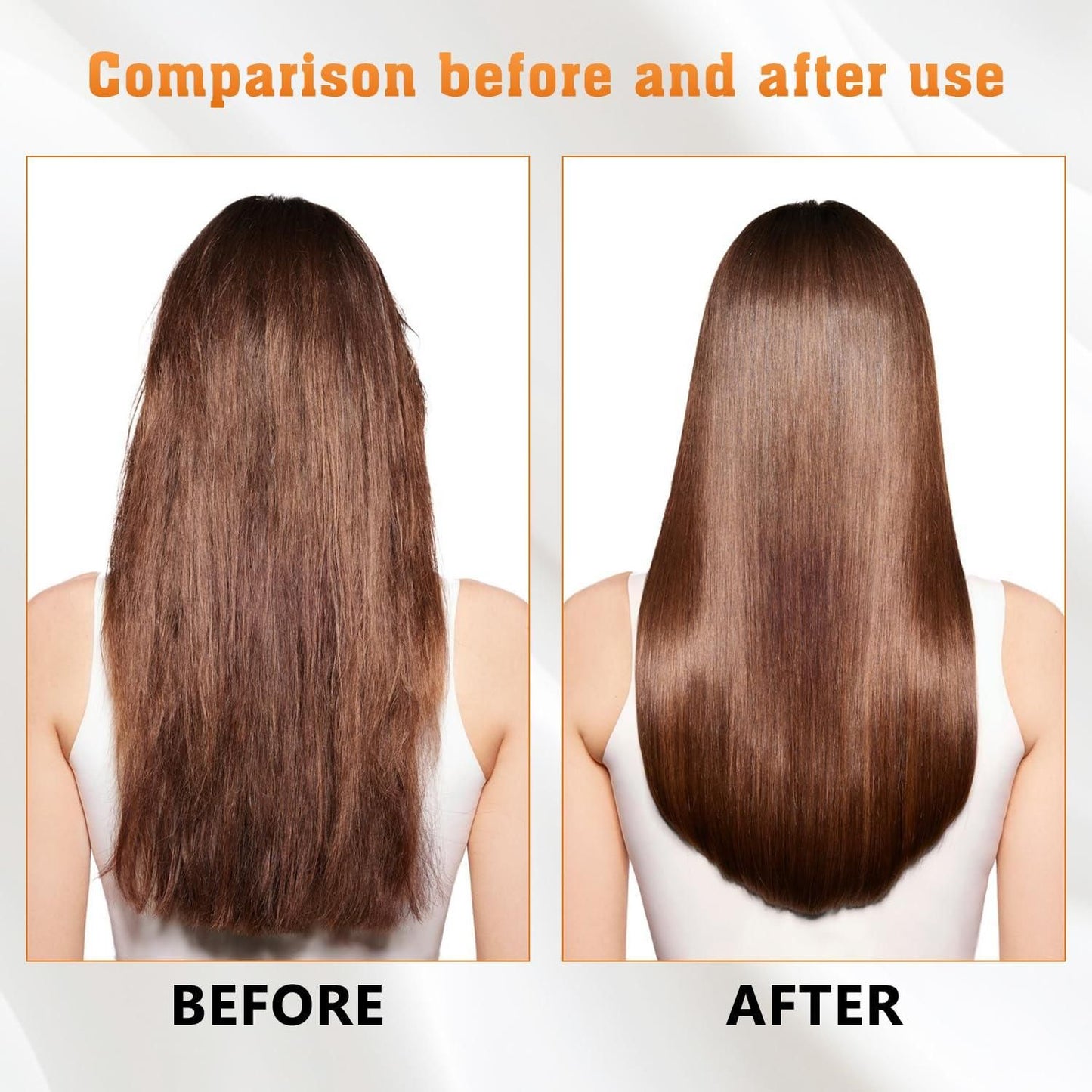 Comparison of hair before and after use on a person with long brown hair.