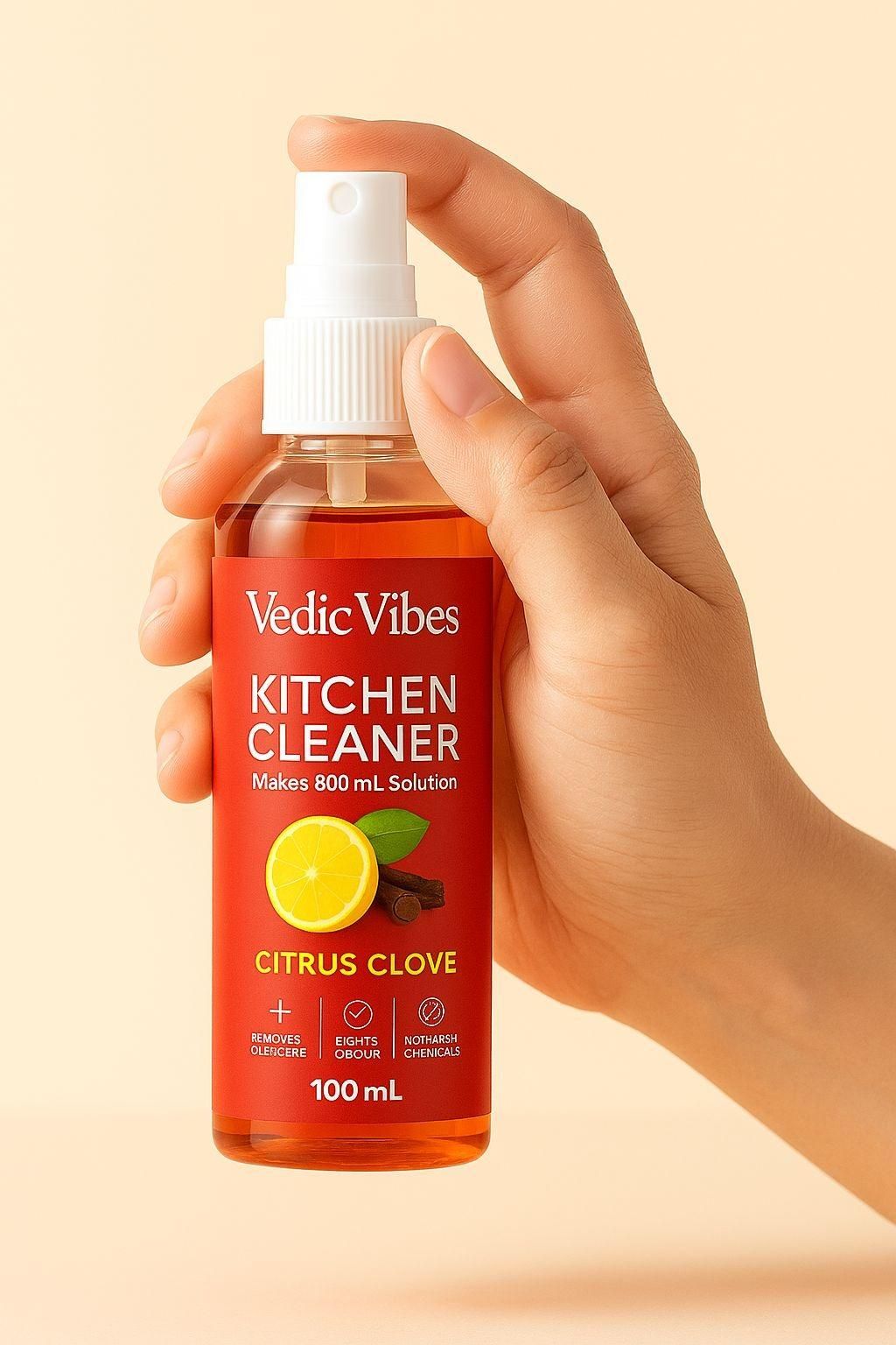 Hand holding a bottle of Vedic Vibes Kitchen Cleaner with a lemon and clove design on a beige background