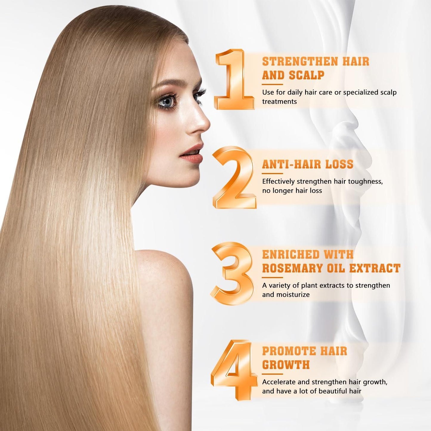 Woman with long blonde hair and text detailing hair care benefits on a white background