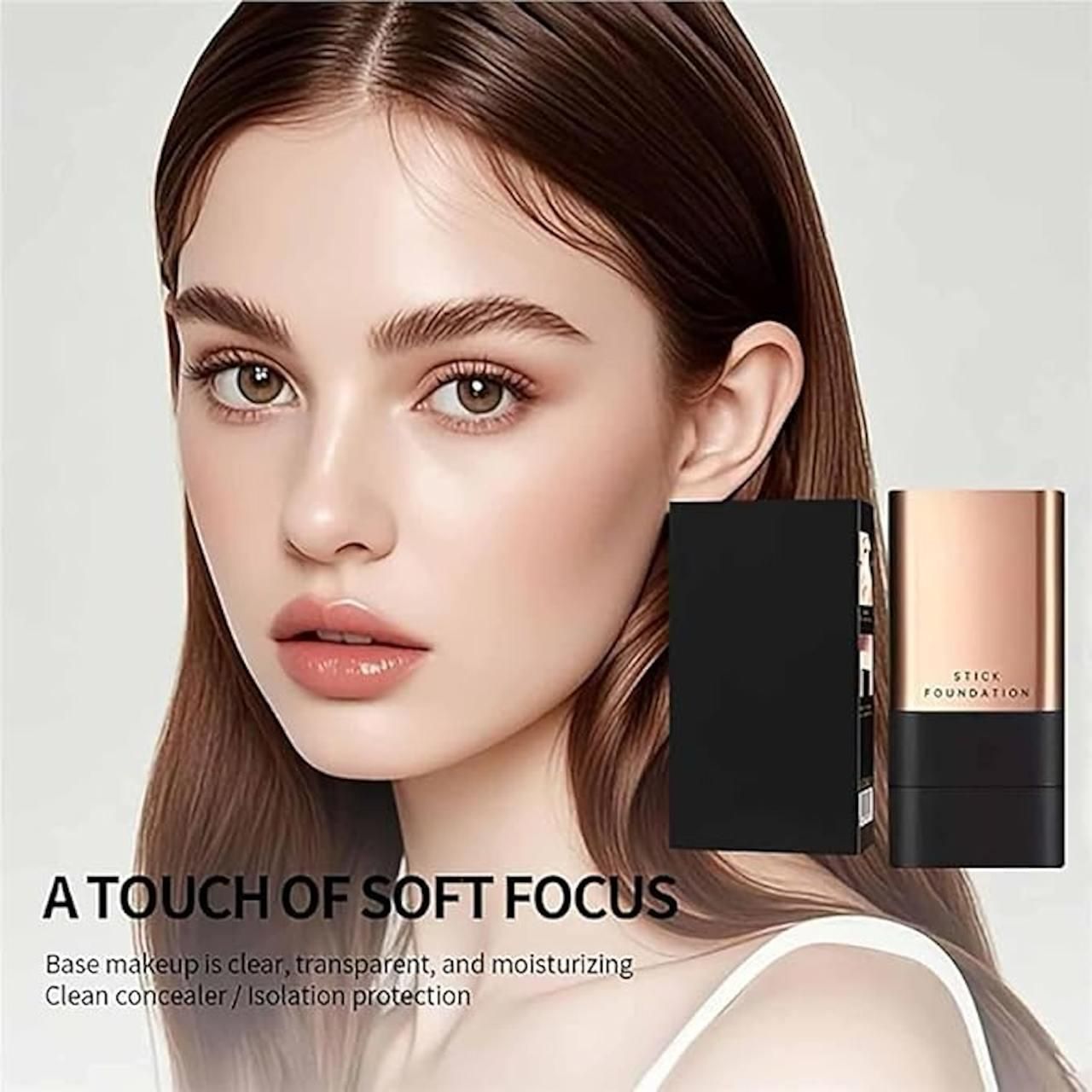 Woman with makeup products on a light gray background
