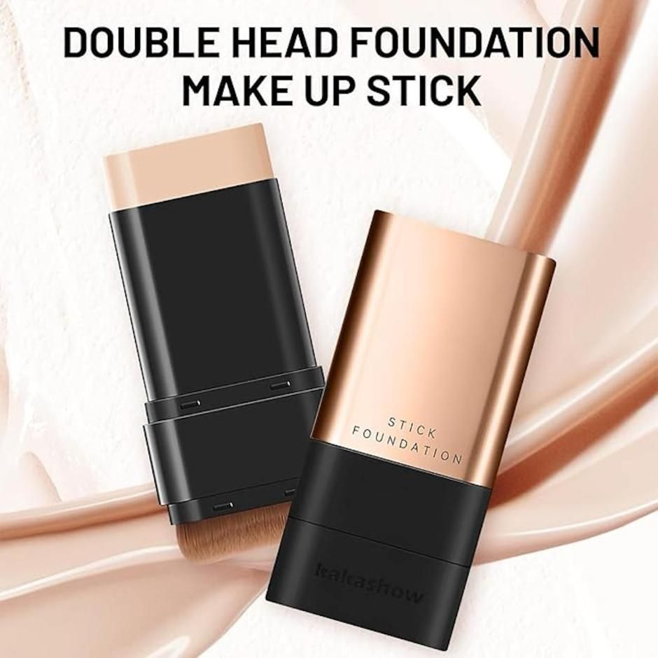 Double head foundation makeup stick with black and rose gold design on a light pink background