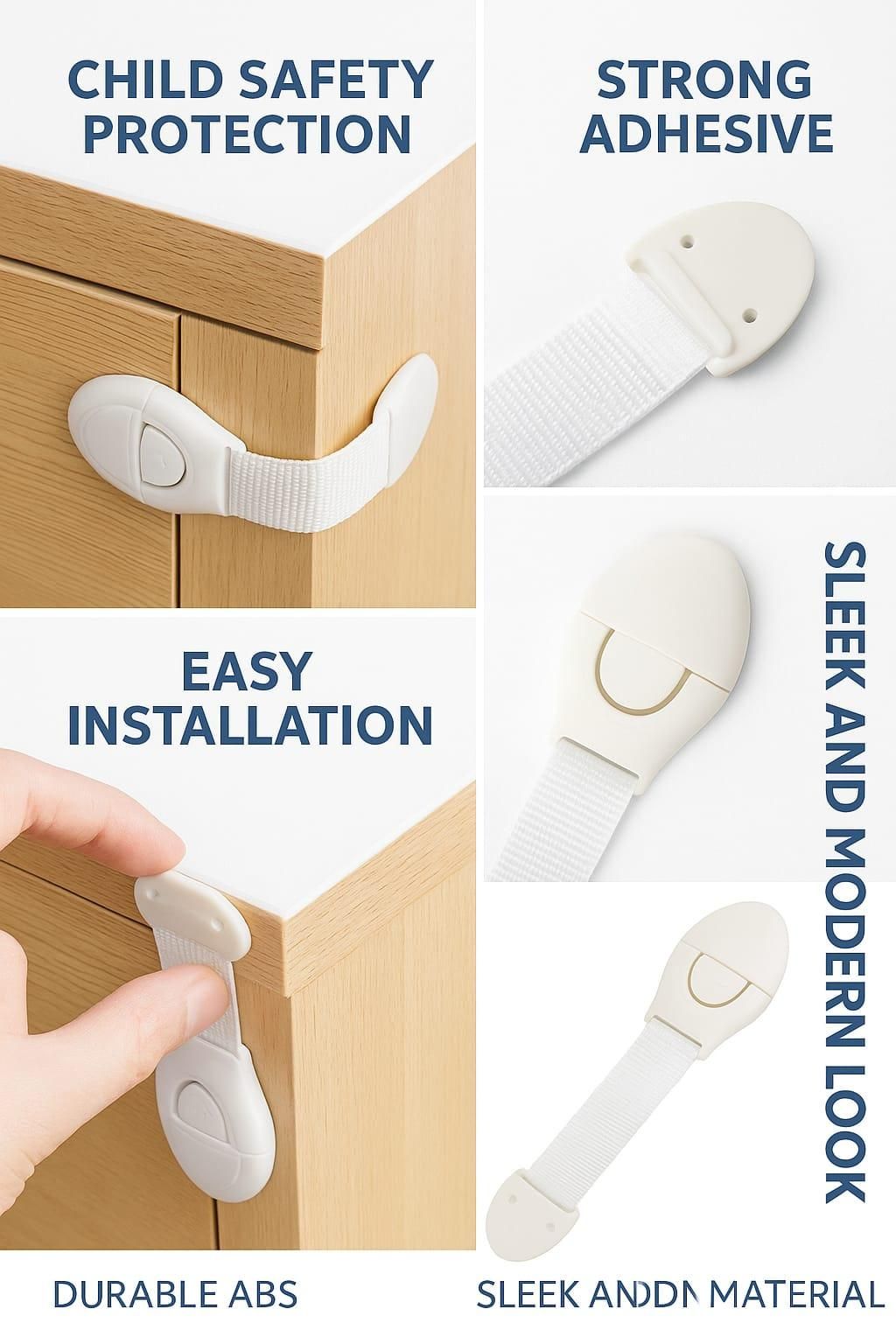 Child safety cabinet lock with features highlighted on a white background