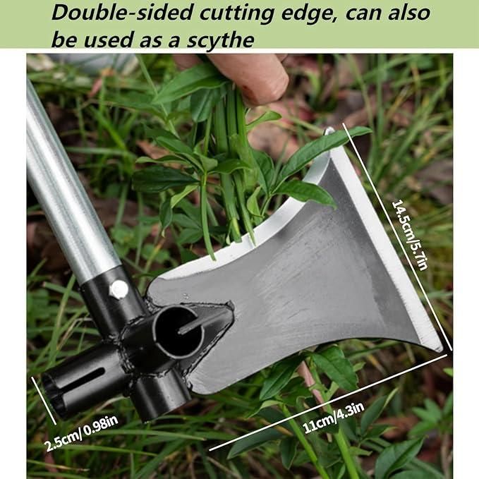 Tool with double-sided cutting edge and scythe function, used on grass.