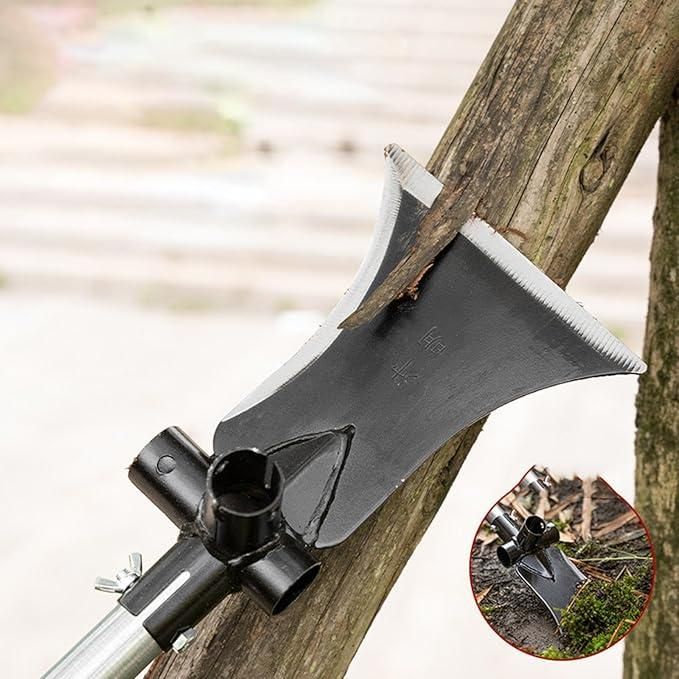 Multi-tool with axe head attached to a wooden branch