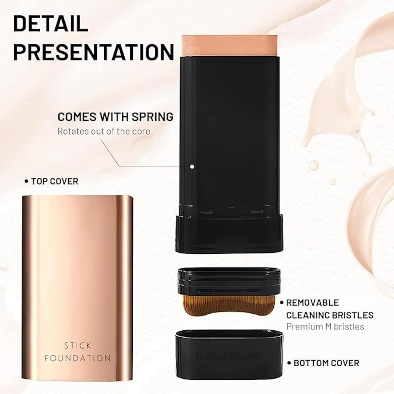 Stick foundation with top cover, spring, and cleaning bristles on a light background