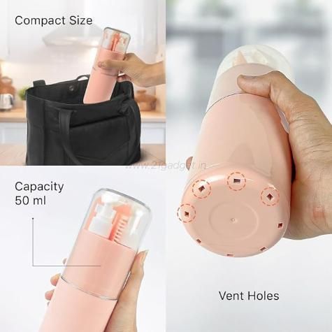 Small pink bottle with vent holes held by a hand, showing compact size and capacity 50 ml.