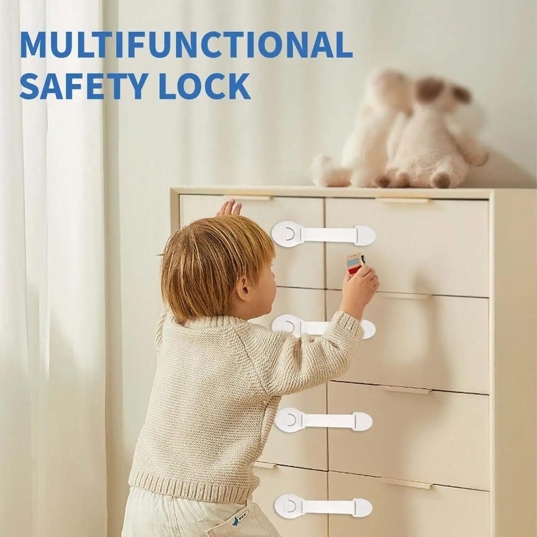 Child using a multifunctional safety lock on a dresser with text 'Multifunctional Safety Lock'.