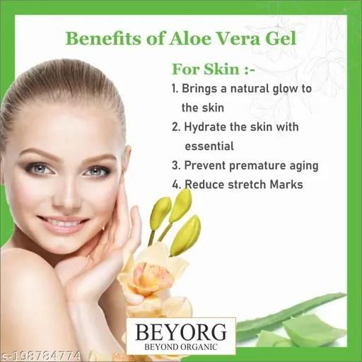 Advertisement for aloe vera gel benefits with a woman's face and aloe vera plants on a white background.
