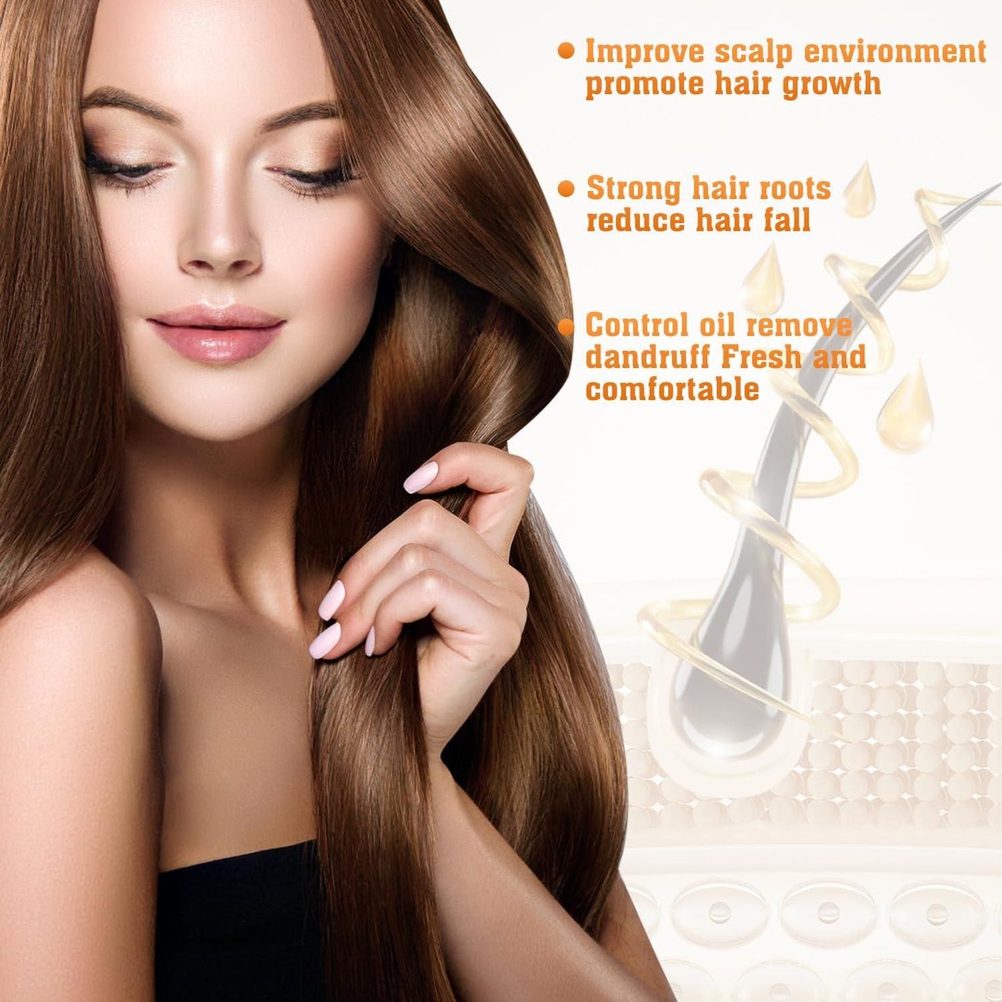 Woman with long brown hair touching her hair, with text about hair care benefits on a beige background.