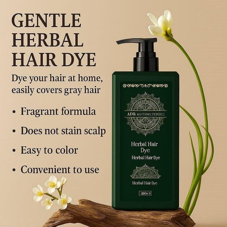 Green bottle of herbal hair dye with flowers on a beige background