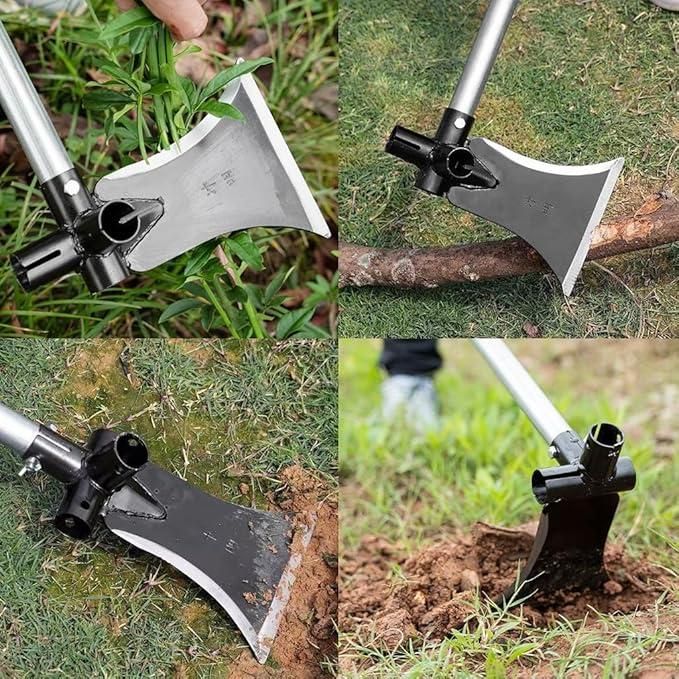 Collage of a tool with an axe head being used on grass and soil.
