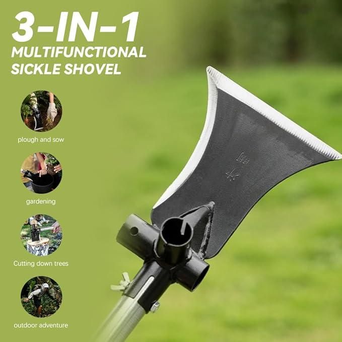 3-in-1 multifunctional sickle shovel with text and icons on a green background