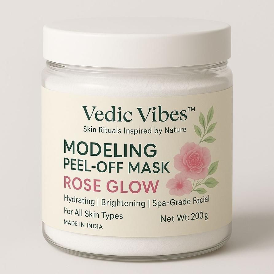 Vedamic Modeling Peel-Off Mask Rose Glow jar with floral design on a light background