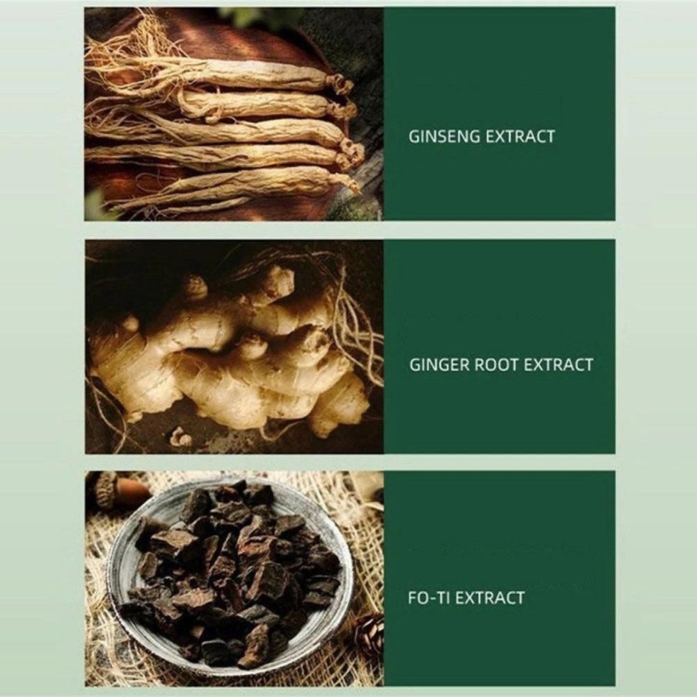 Three types of extracts labeled 'Ginseng Extract', 'Ginger Root Extract', and 'Fo-Ti Extract' on a green background.