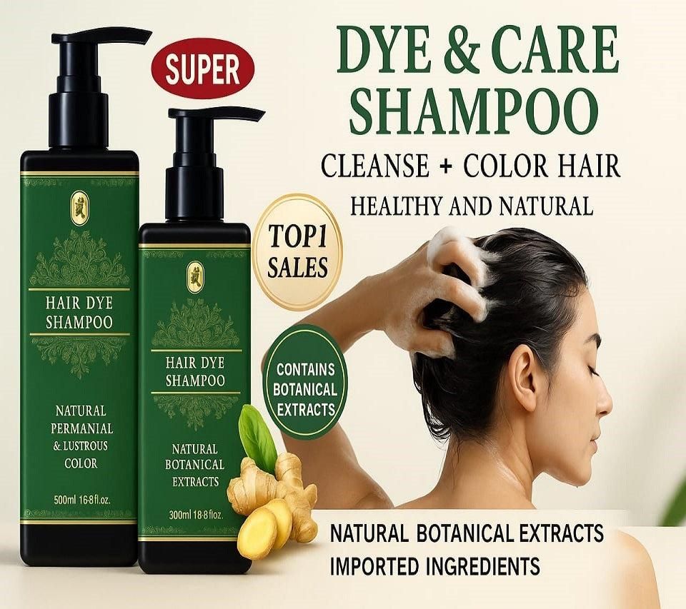 Hair dye shampoo bottles with a woman washing her hair, featuring text about the product's benefits.