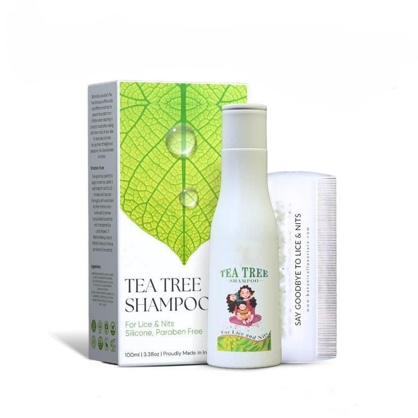 Tea tree shampoo bottle and box on a white background