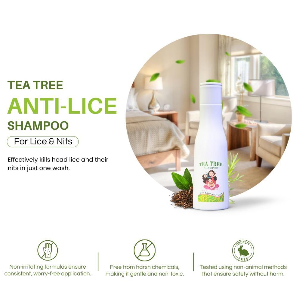Tea tree anti-lice shampoo bottle with product details on a white background