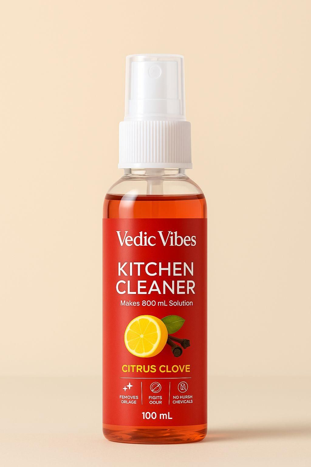 Vedic Vibes Kitchen Cleaner bottle with lemon and clove graphics on a beige background