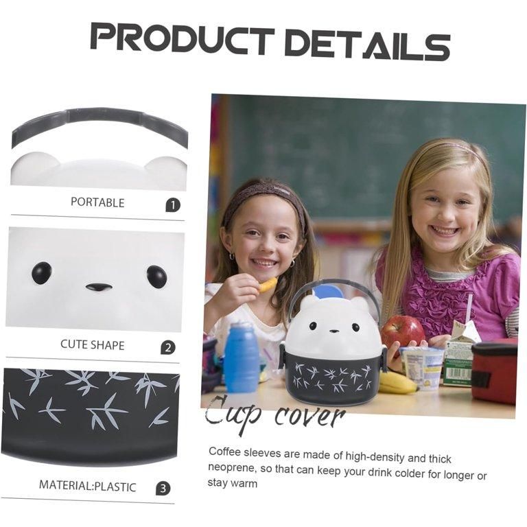 Cute cup cover with a bear design, shown with two children in a classroom setting.