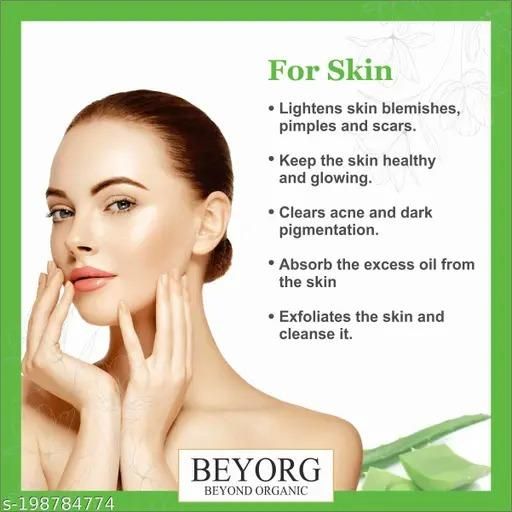 Advertisement for BEYORG skin care product with a woman touching her face and text about skin benefits.