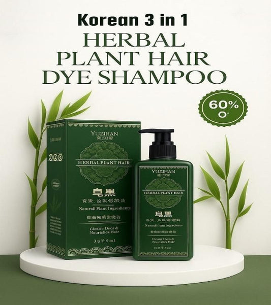 Korean 3-in-1 Herbal Plant Hair Dye Shampoo with packaging on a white background