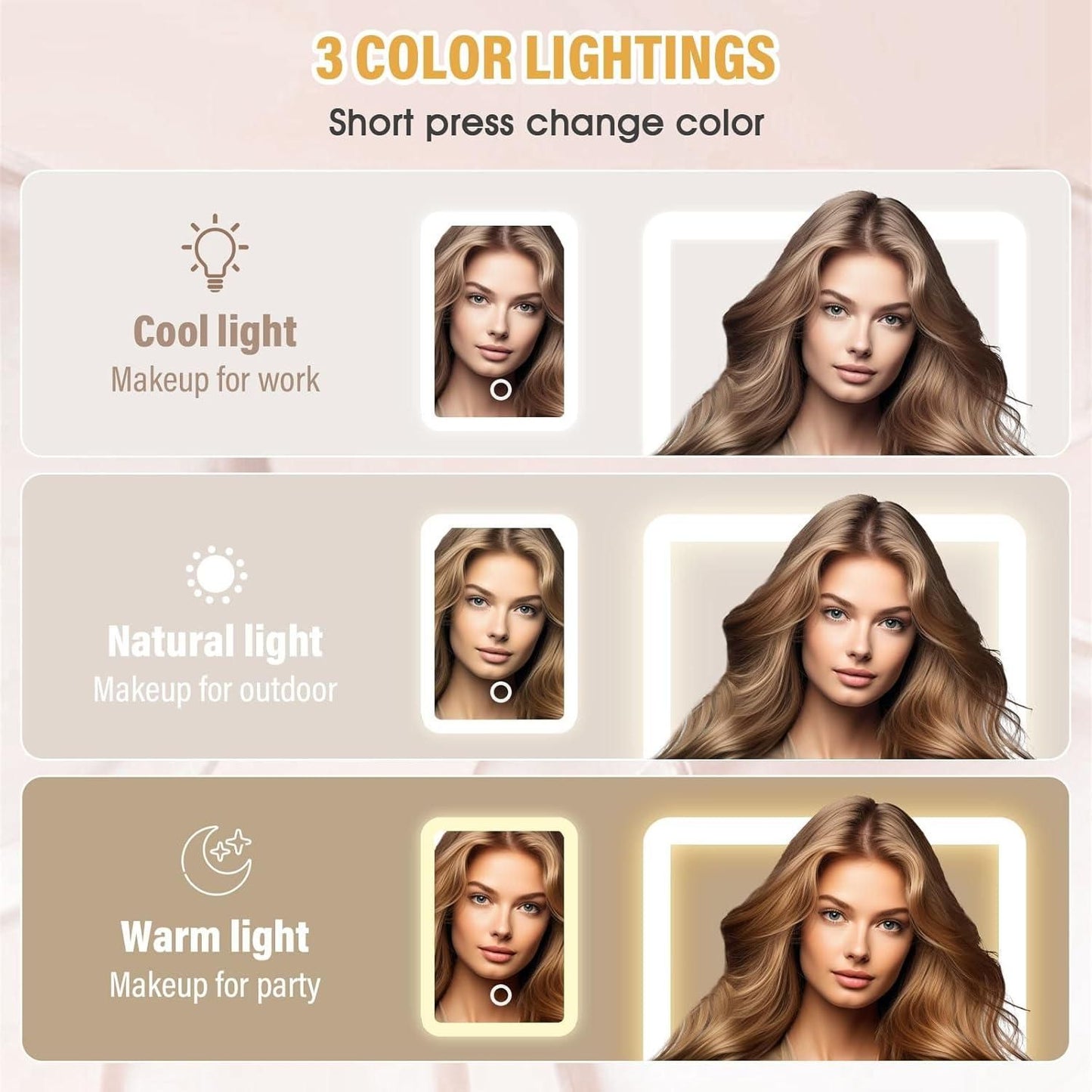 Product display with three color lighting options for a makeup application app.