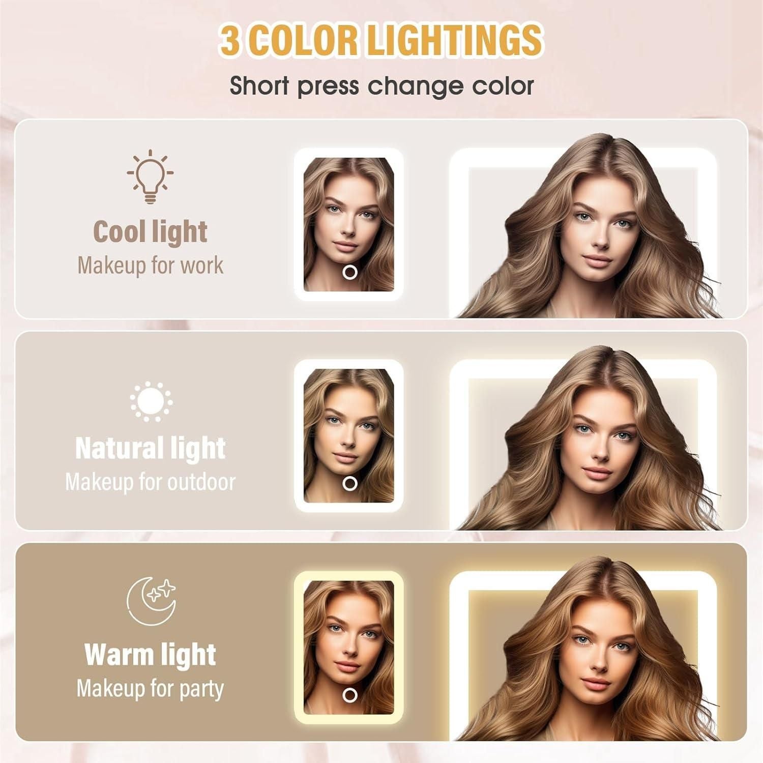 Product display with three color lighting options for a makeup application app.