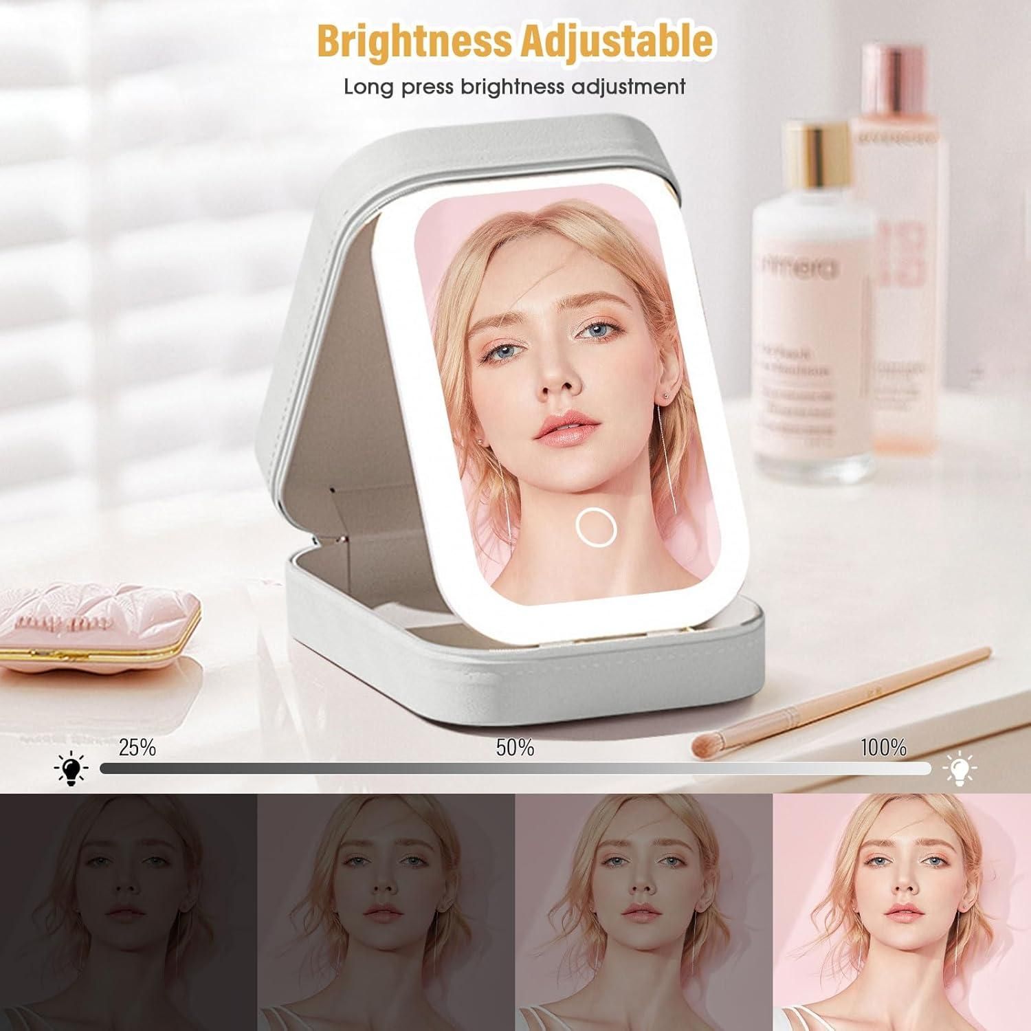 Light-up mirror with adjustable brightness on a table with skincare products.