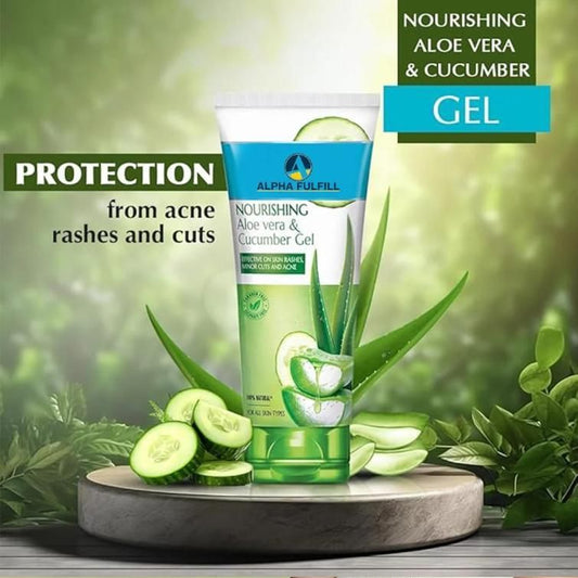 Nourishing Aloe Vera & Cucumber Gel with green leaves and cucumbers on a wooden platform.