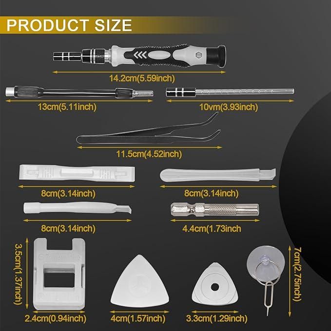 Measurement chart of various tools with labeled sizes on a dark background