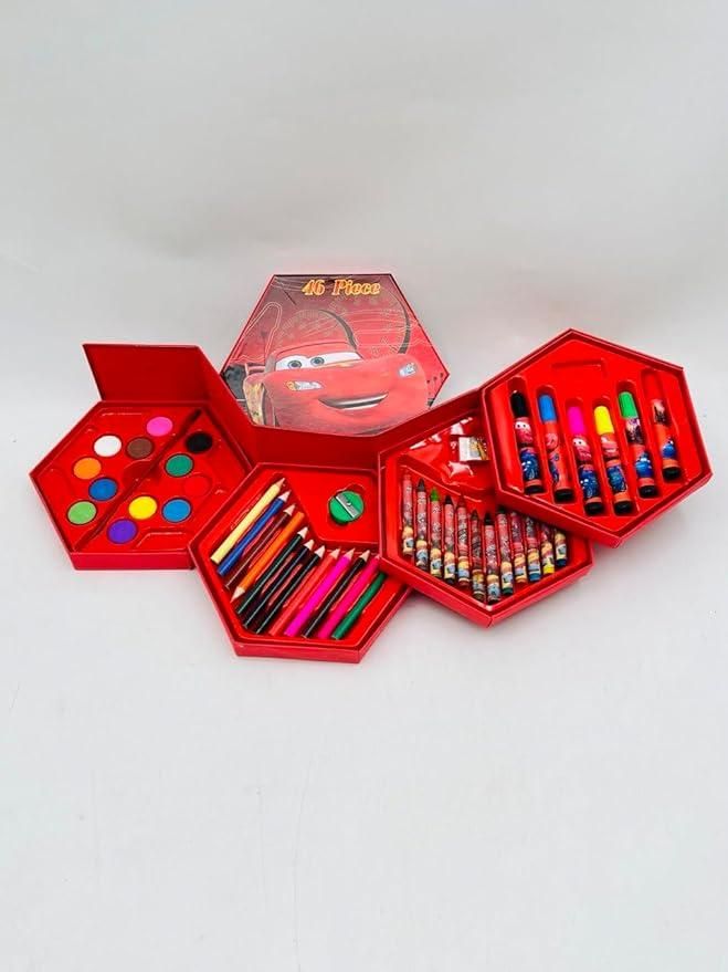 Red art set with various tools including crayons, markers, and paint on a white background