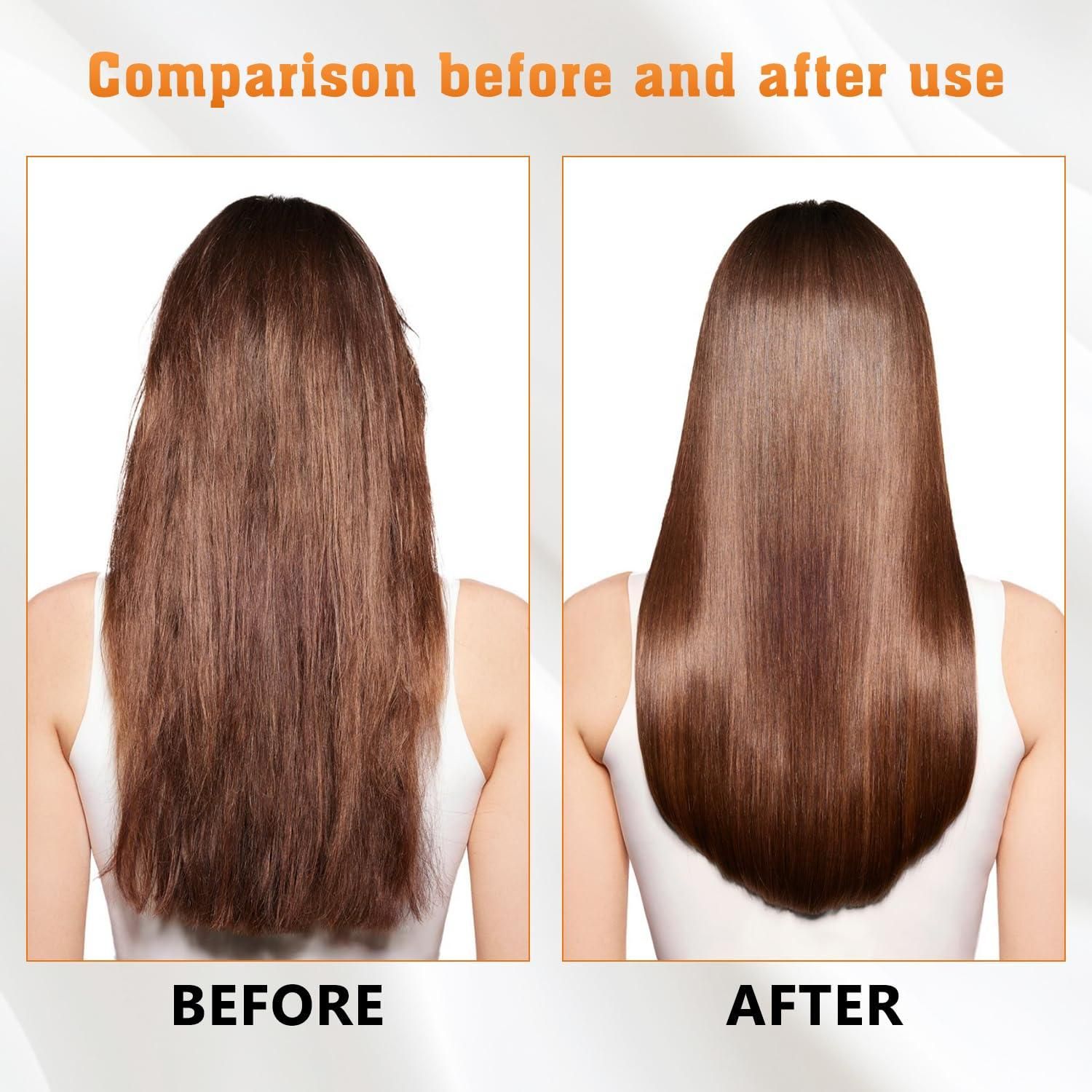 Comparison of hair before and after use on a person with long brown hair.