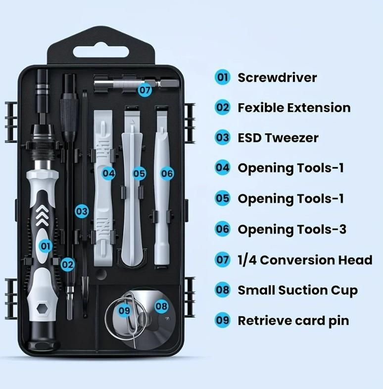 Set of electronic screwdrivers and tools with labeled components on a light blue background